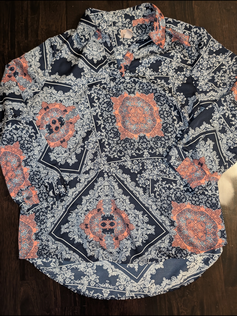Chico's Navy Button-Up Blouse Orange White Medallion Print Women's 2 Work Boho